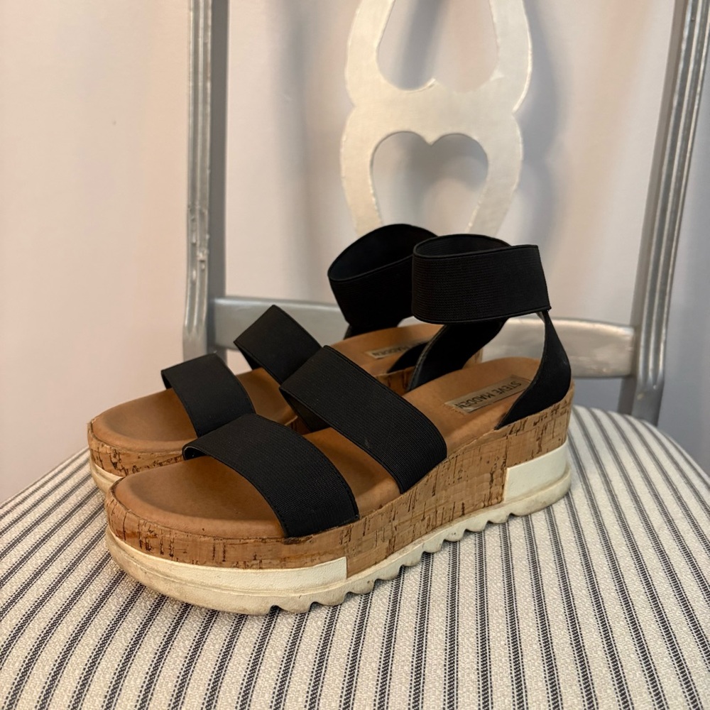 Steve Madden Black and Brown Wedge Sandals